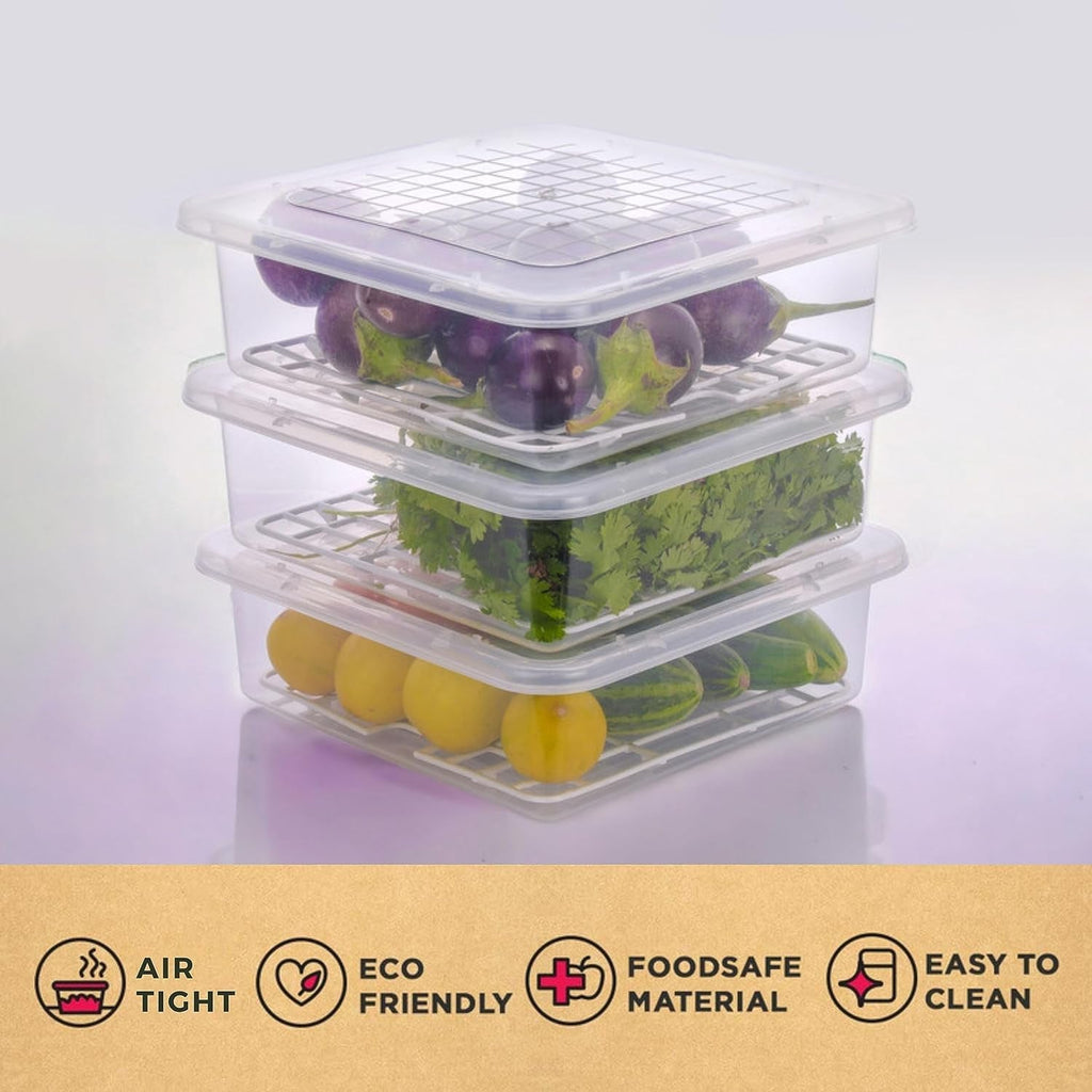 Durable plastic food storage bin with secure lid for fridge organization