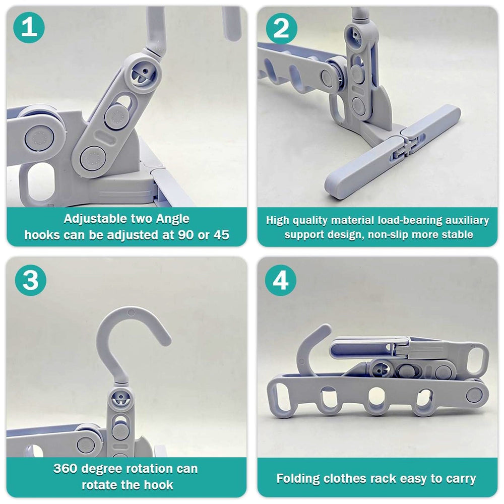 Multiple foldable clothes hangers organized in a compact way.