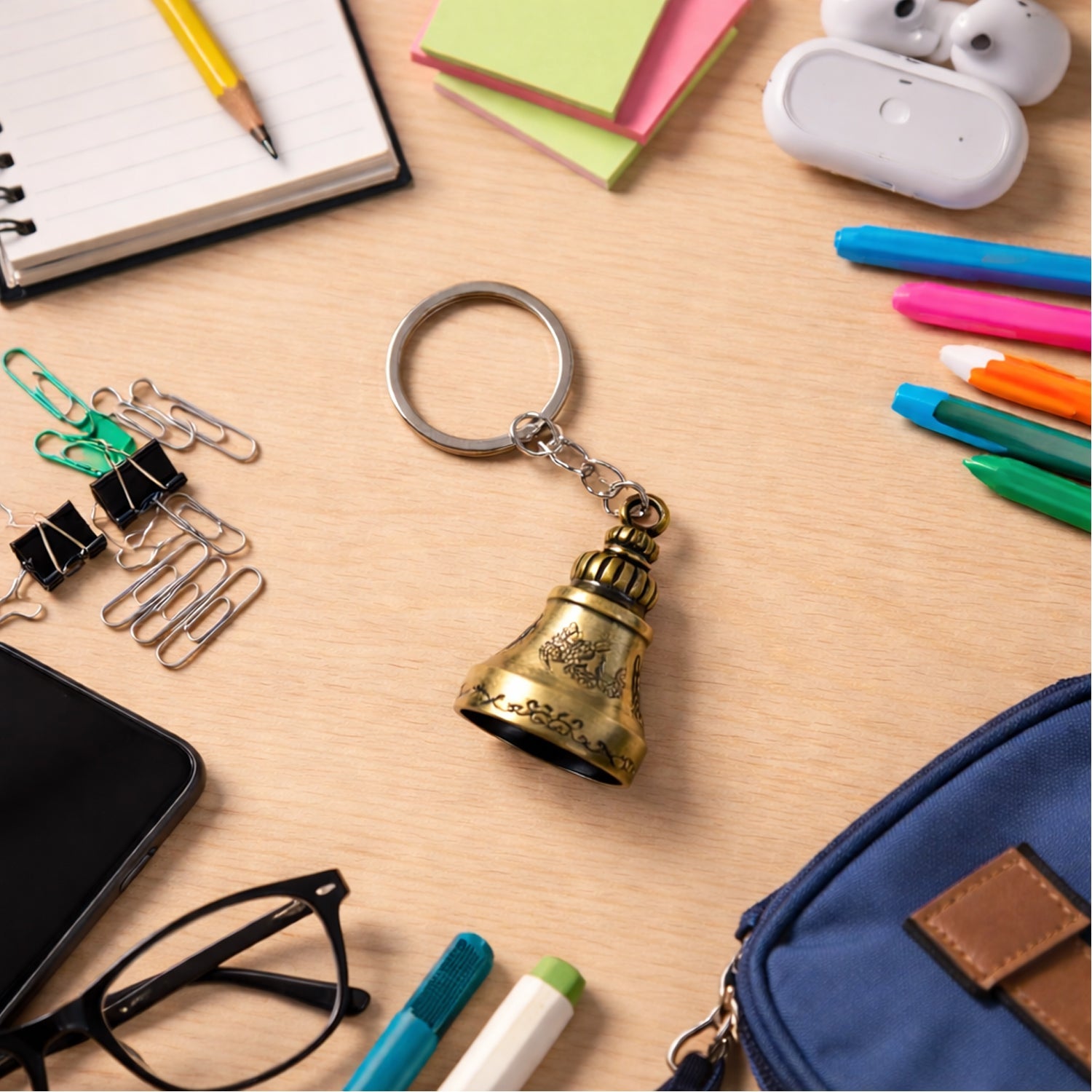 Durable metal temple bell keychain attached to a key ring, ready for daily use.