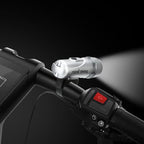 Close-up view of the strong beam from the LED bicycle headlight.