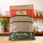 Golden harvested organic jaggery powder showing fine granules
