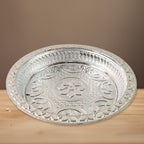 Lightweight plastic pooja thali with traditional silver tone finish