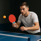 Top view of Konex table tennis paddles and lightweight orange balls