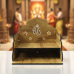 Desktop wooden mandir with intricate cutwork design and Lord Ganesha artwork