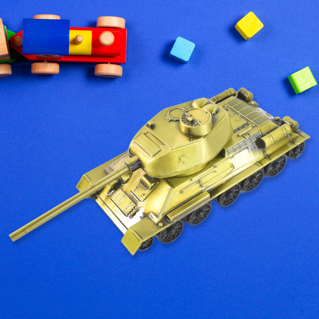 Detailed close-up of vintage iron tank model