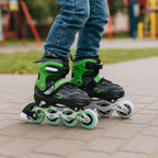 Action shot of adjustable inline skates showing stable outdoor skating