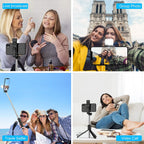 Tripod selfie stick placed on a tabletop for stable mobile photography.