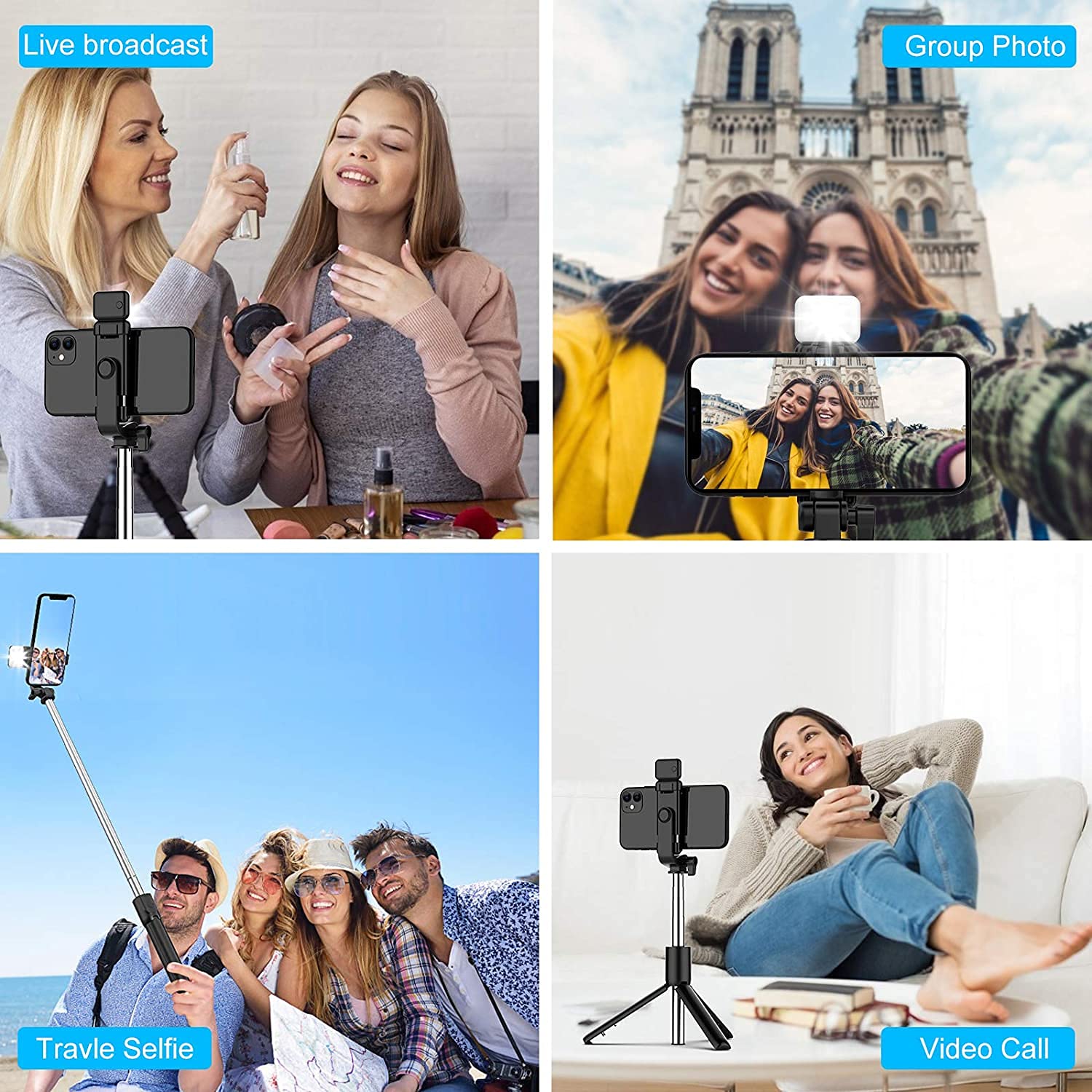 Tripod selfie stick placed on a tabletop for stable mobile photography.