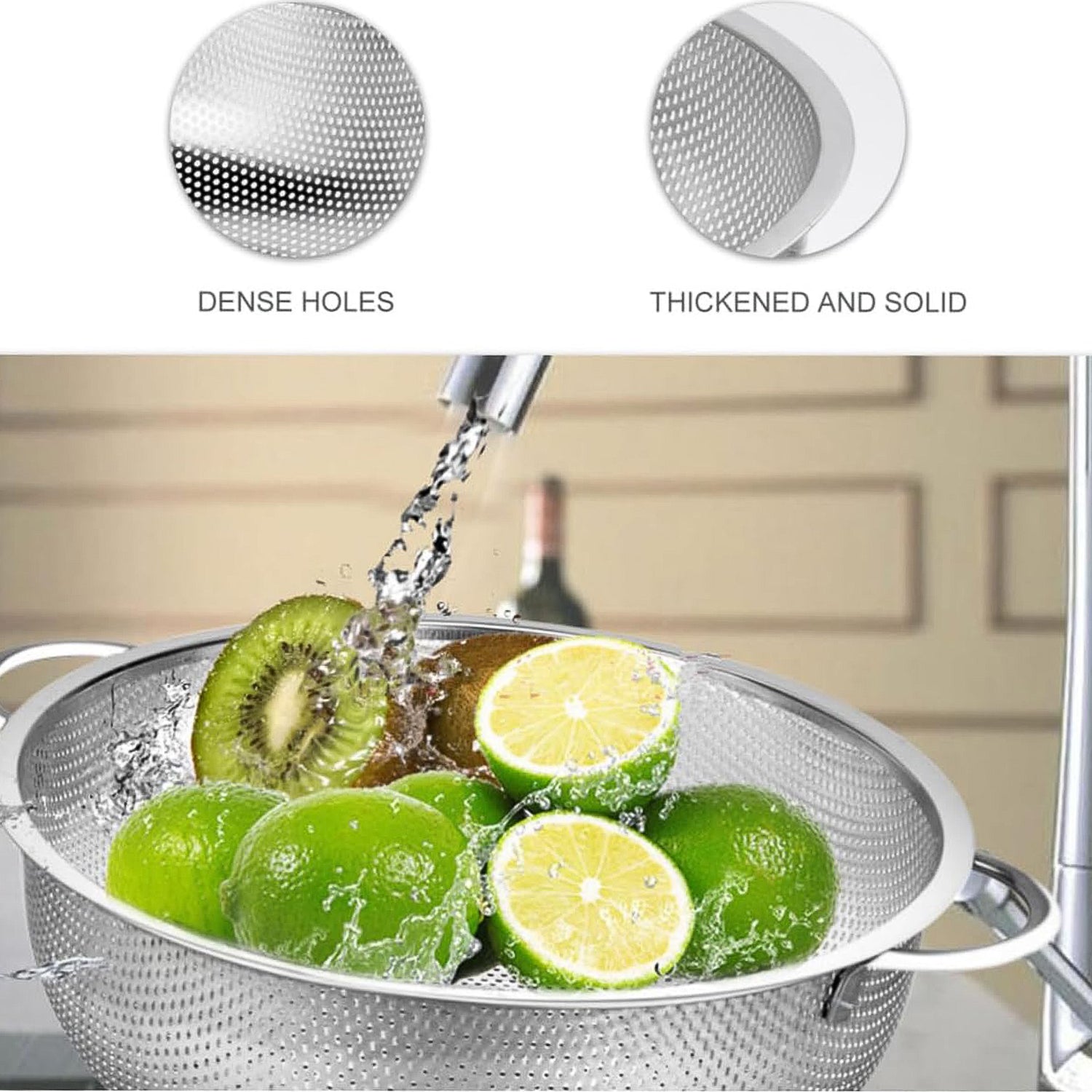 Ergonomic handle detail on the durable stainless steel vegetable colander.