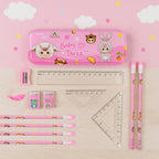 Cute cartoon stationery gift set featuring pencils, erasers, and sharpener for kids