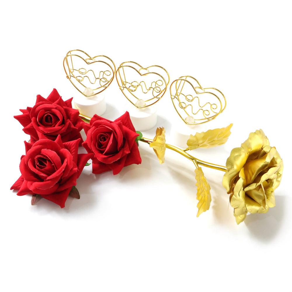 Elegant love showpiece with golden rose and red bouquet