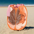 Mesh laundry basket with sturdy steel wire frame to maintain shape