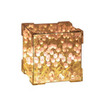 Close-up of transparent cube LED lamp featuring tulip flower design