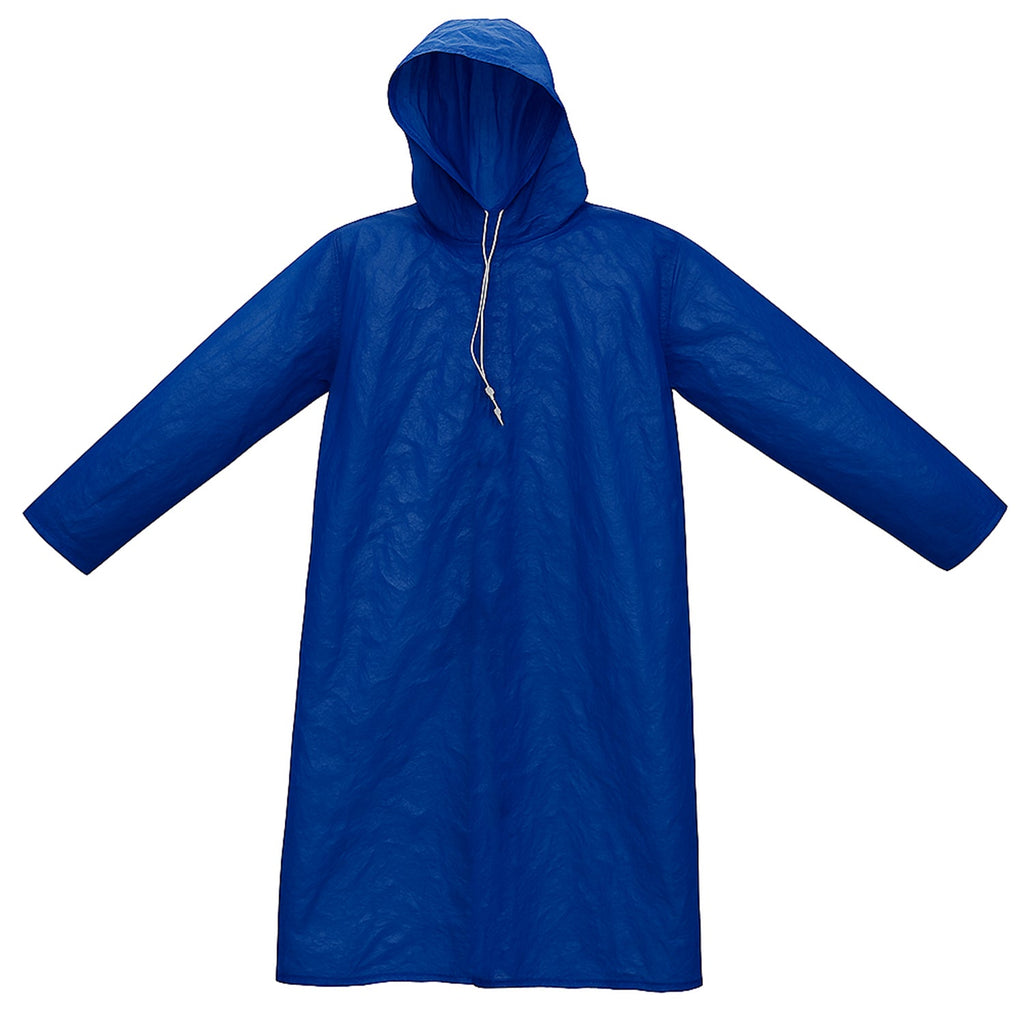 Men's blue rain jacket made from waterproof PVC material.