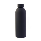 Black water bottle from stainless steel shown with close-up details