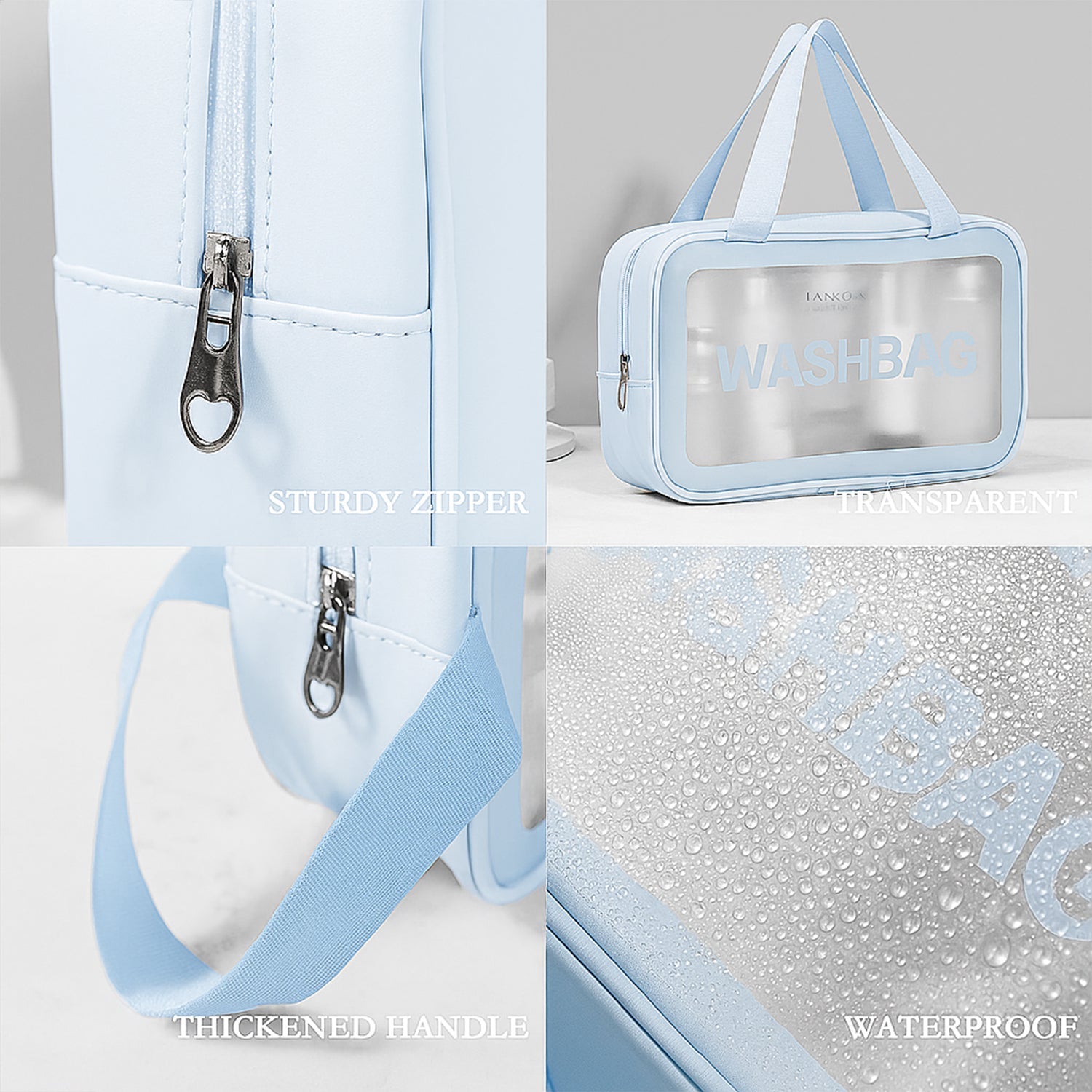 Close-up of clear PVC and nylon waterproof material of travel toiletry pouch set