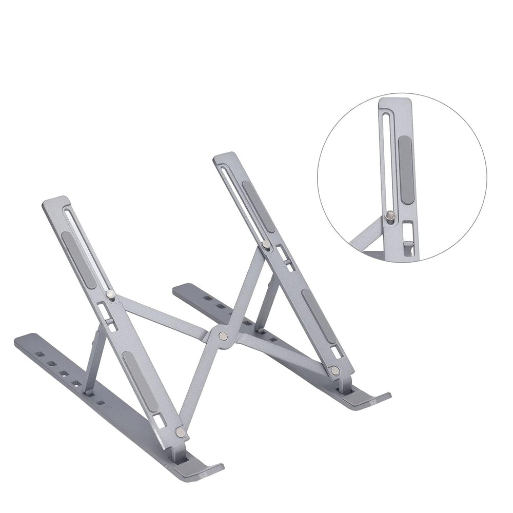 The metal portable laptop stand holds a laptop at an optimized height for comfortable viewing.