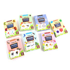 Educational flashcards laid out displaying various learning topics