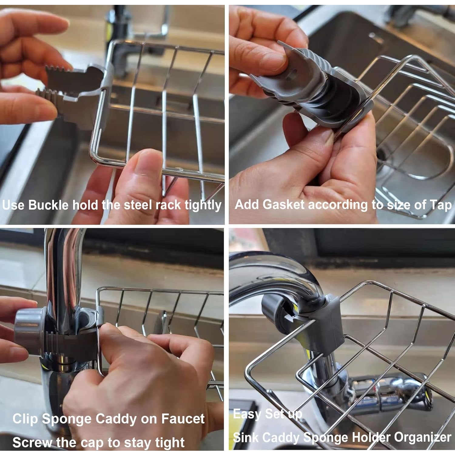 Kitchen faucet featuring attached stainless steel sink caddy organizer