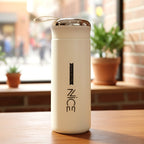 Side view of compact white glass water bottle with protective cover