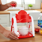 Red manual ice crusher machine on a kitchen counter, showcasing its compact design.