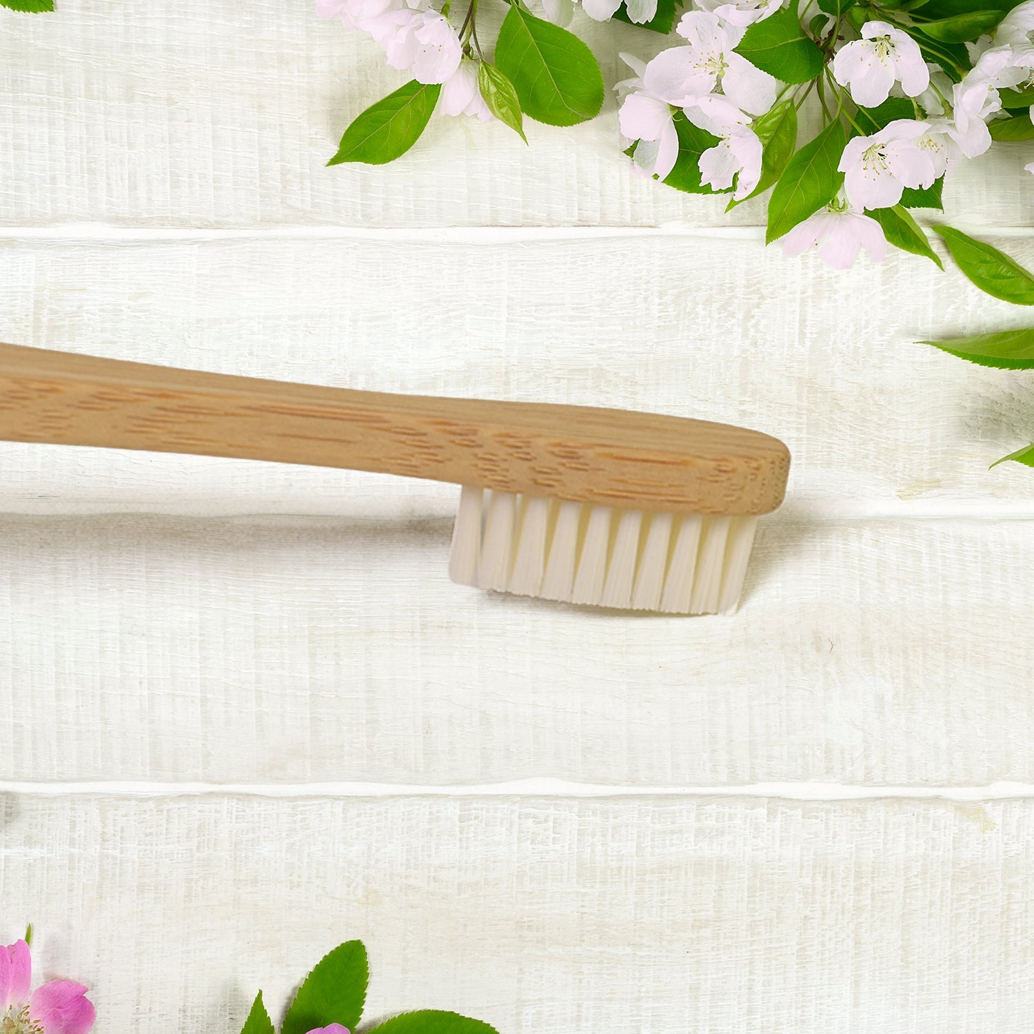 Detailed view of ultra soft bristles on the bamboo toothbrush
