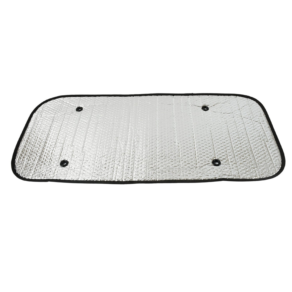 Compact and foldable car sun shade for easy storage in a vehicle.