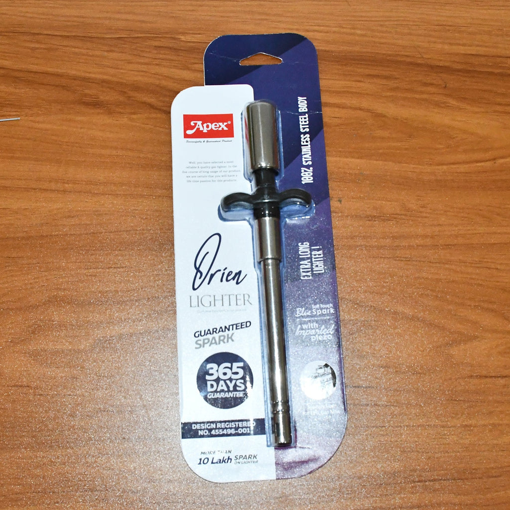 Top view of the Apex stainless steel gas stove lighter highlighting the finger guard