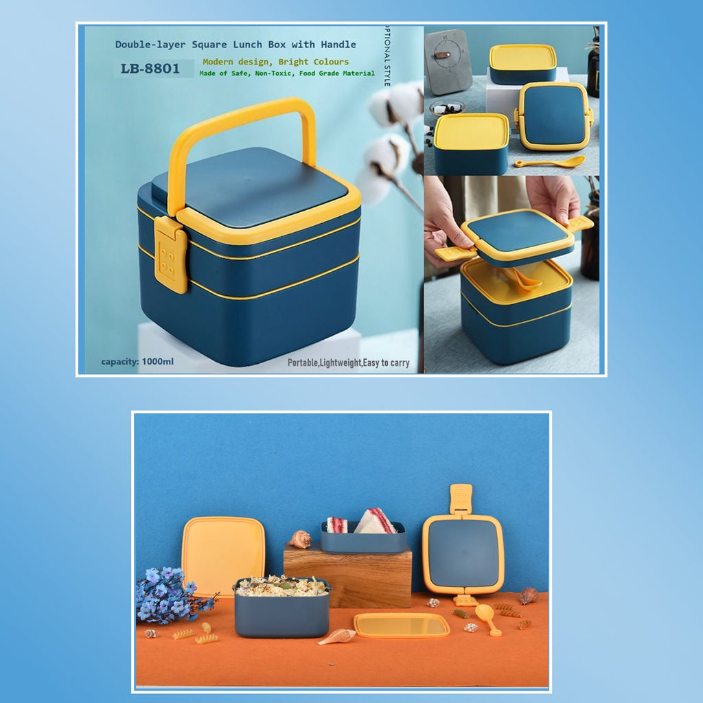 Detailed view of the two-layer blue lunch box, highlighting the secure closure.