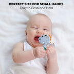 Detailed textured surface of silicone dinosaur teether for gum massage