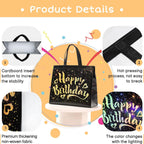 Side profile of reusable black birthday gift bag with gold star design