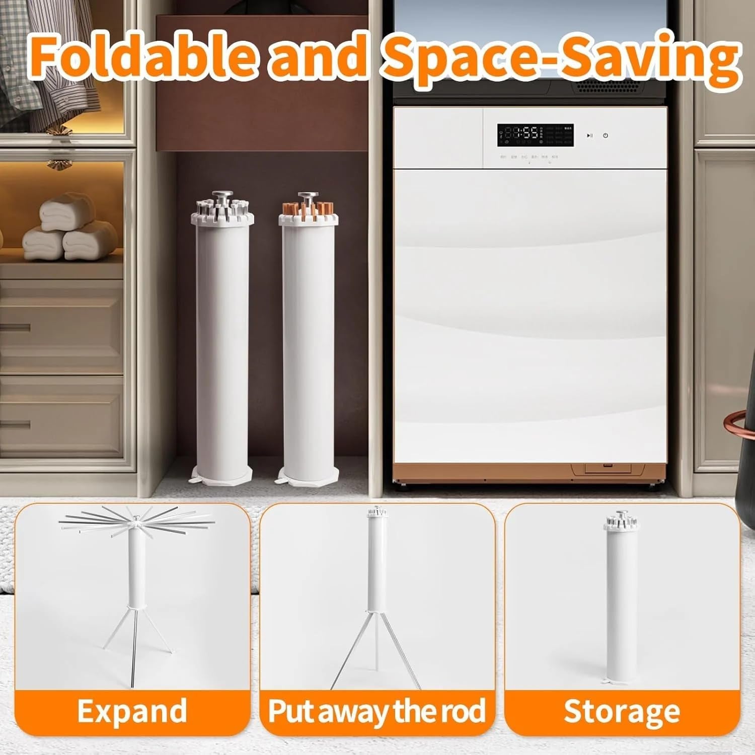 Octopus rotating clothes drying rack in functional use, holding various garments.