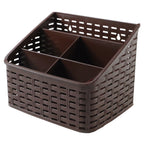 Close up of woven multipurpose desk organizer basket