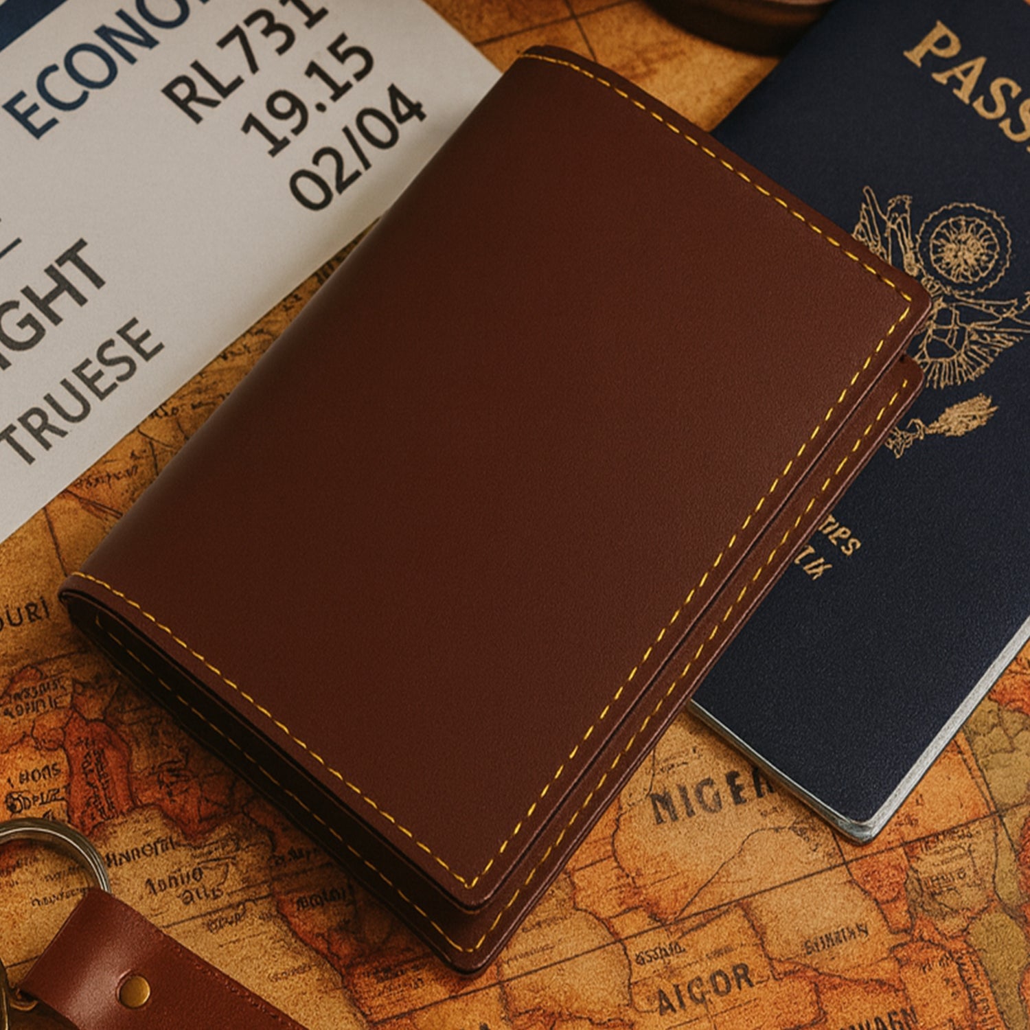 PU leather card holder held in hand showcasing its slim profile and stitching detail