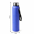 Blue stainless steel water bottle featuring comfortable carry strap