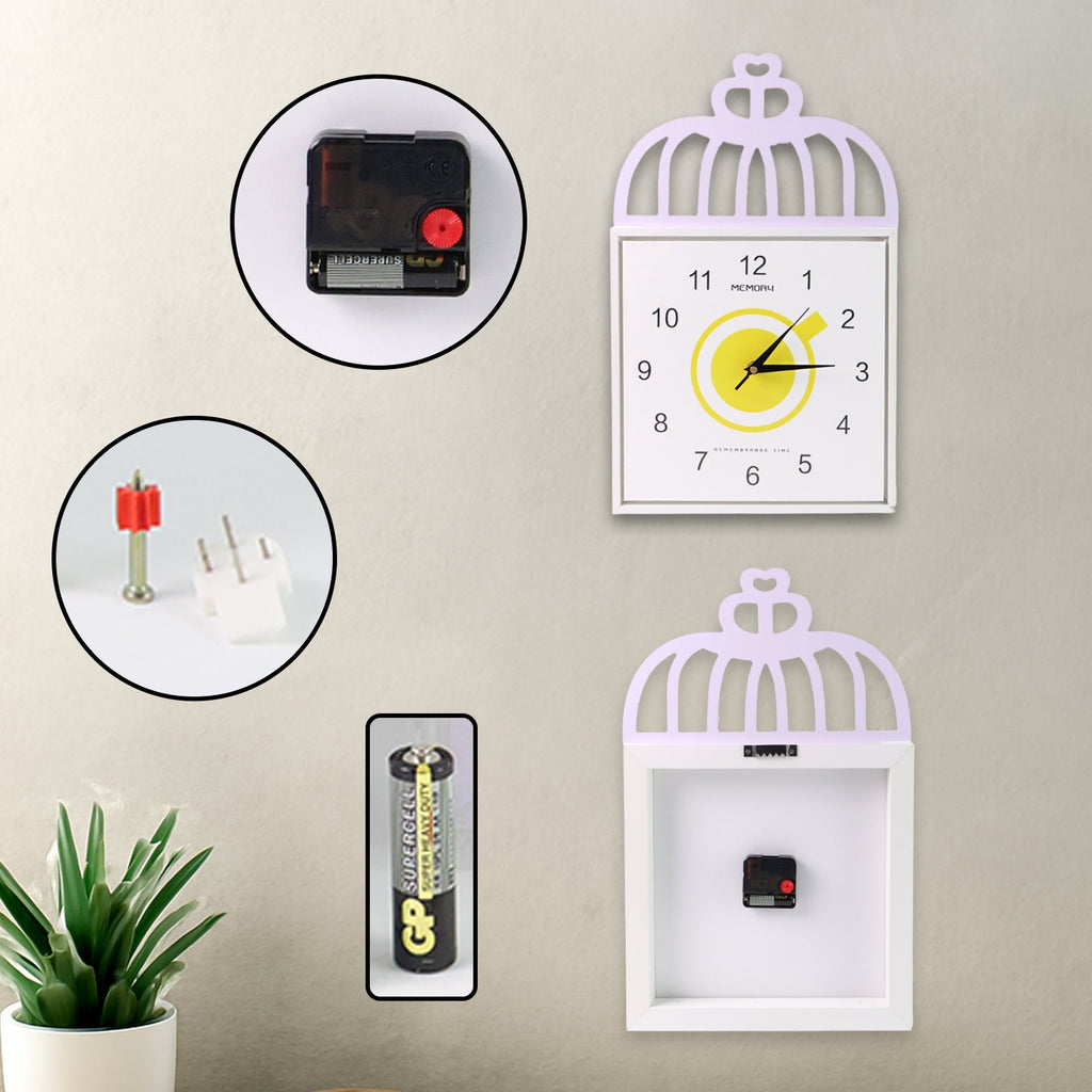 Close-up of wall clock hands and yellow center on square clock face