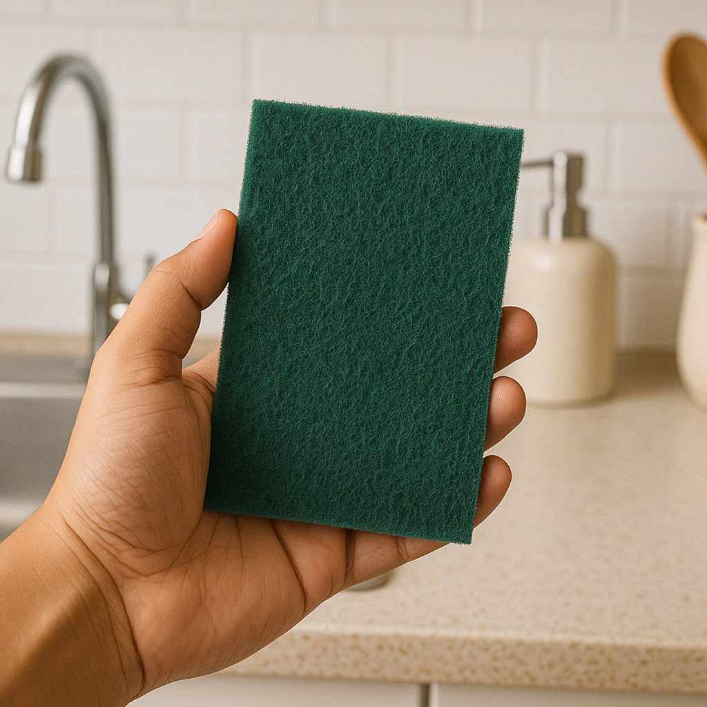 Kitchen scrubber pad in use cleaning cooking utensils