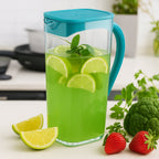 Plastic jug with glasses filled with beverages for serving