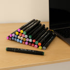 Variety of bright colors in dual-tip sketch markers for creative projects