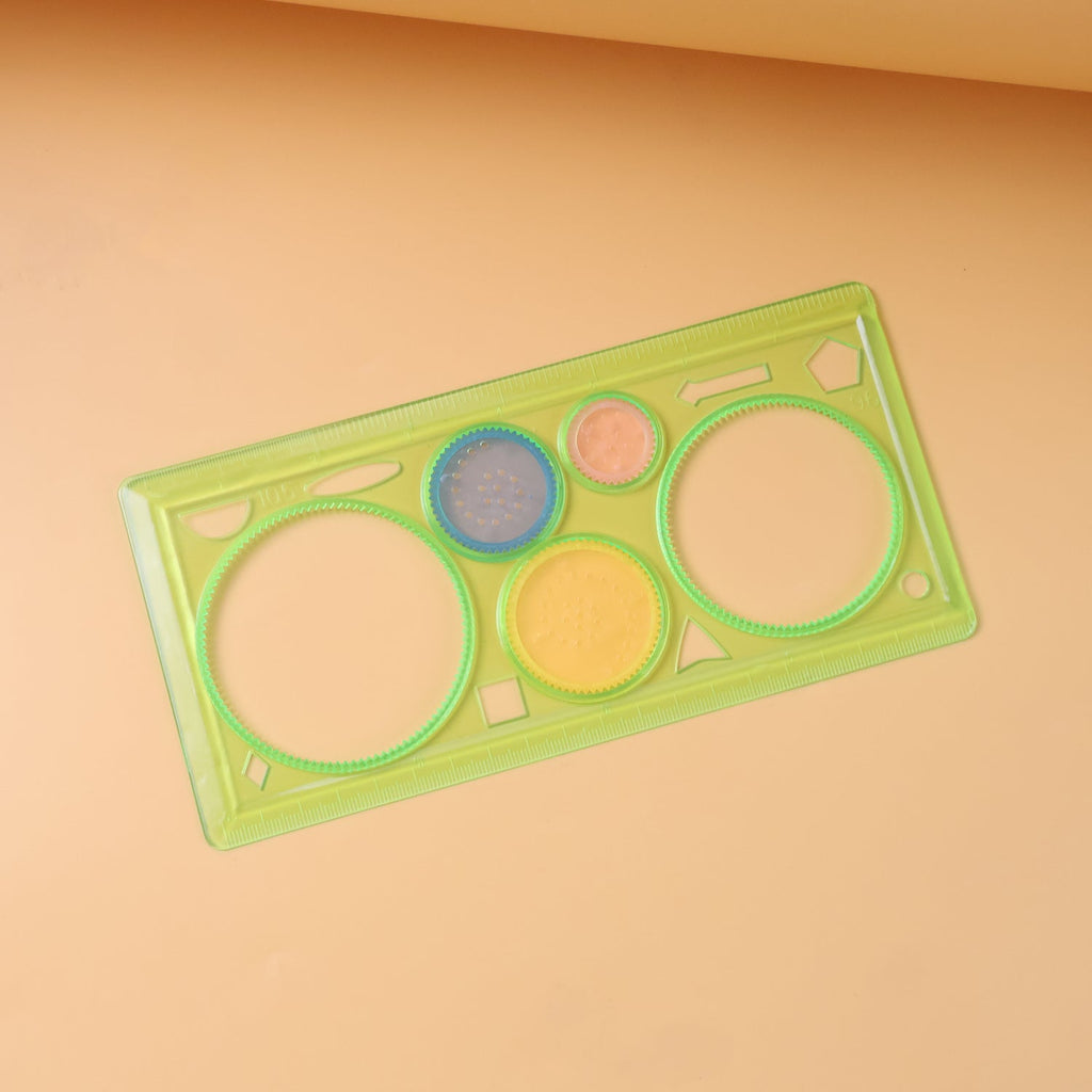 Complete spirograph ruler set with various shape guides and measurement markings