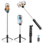 Compact wired selfie stick folded for easy portability and storage.
