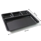 Lightweight and durable plastic rectangular 4-compartment food tray with sections.