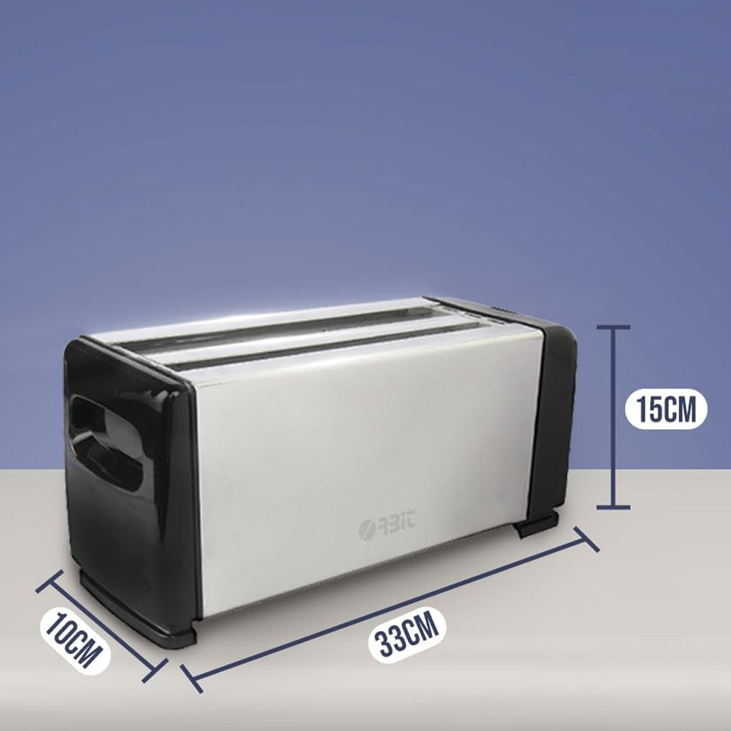 Side view showing wide bread slots of Orbit 4-slice pop-up toaster