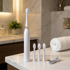 White rechargeable electric toothbrush with extra replacement heads