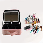 Woman applying makeup using LED light mirror makeup organizer