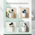Space saving bathroom organizer cups mounted on a clean wall surface