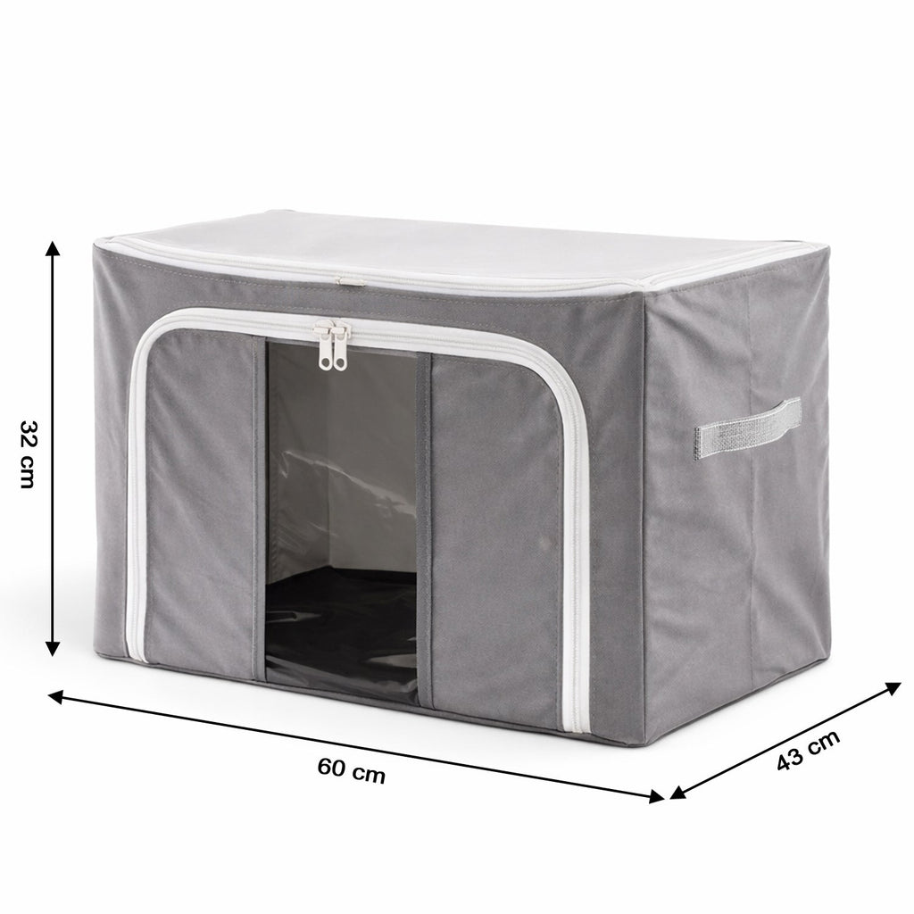 Interior view of the foldable clothes storage organizer, highlighting the sturdy steel frame support.