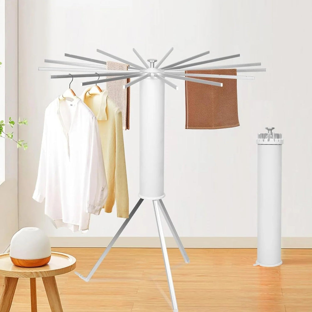 Portable octopus style rotating laundry rack, convenient for indoor outdoor use.
