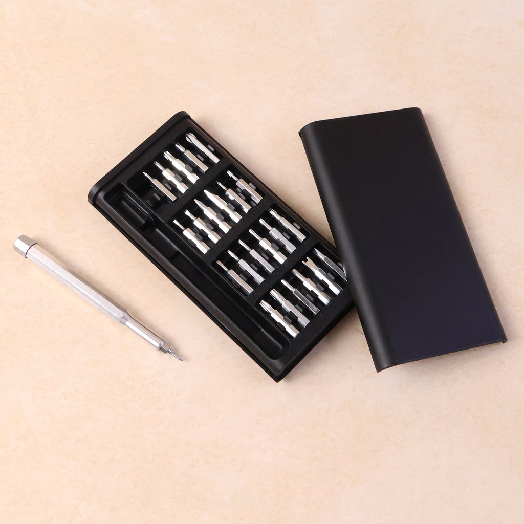 Complete 24-in-1 precision screwdriver tool set for electronics repair in its aluminium case.