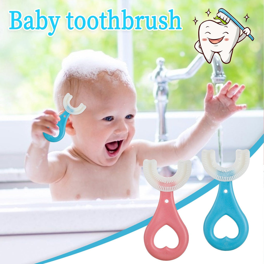 Side profile of a children's toothbrush showing its ergonomic design.